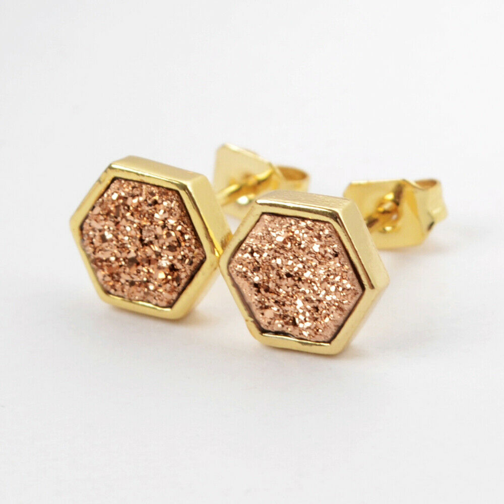Hexagon Natural Quartz Earrings - 24K Gold Plated
