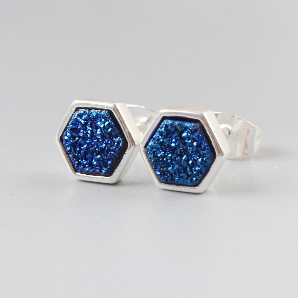 Hexagon Natural Quartz Earrings - Silver Plated