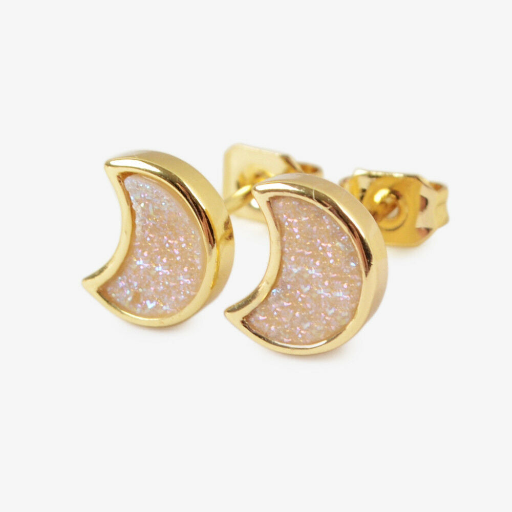 Moon Natural Quartz Earrings - 24K Gold Plated