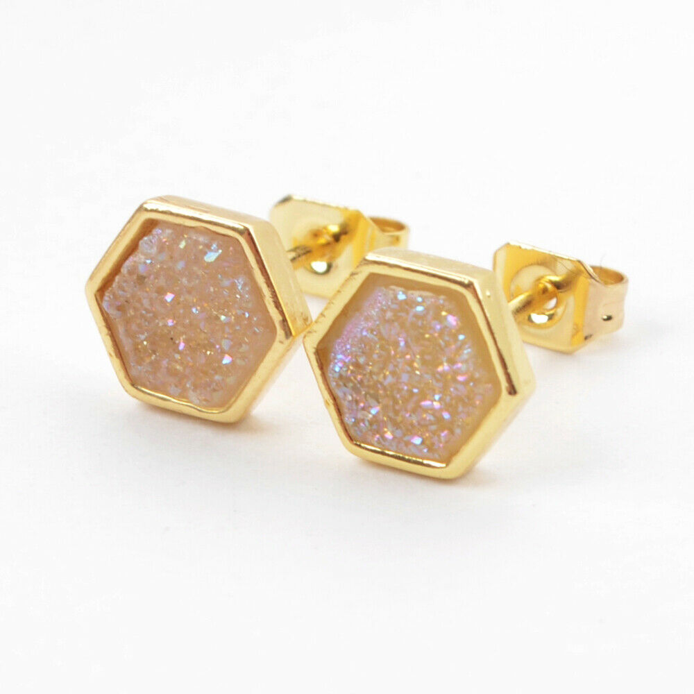 Hexagon Natural Quartz Earrings - 24K Gold Plated