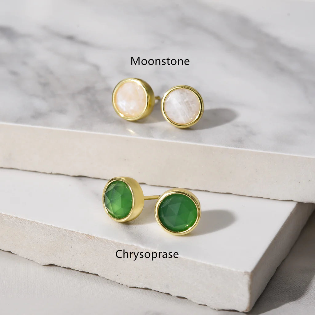 Round Faceted Natural Quartz Earrings - 24K Gold Plated