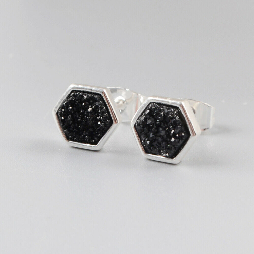Hexagon Natural Quartz Earrings - Silver Plated