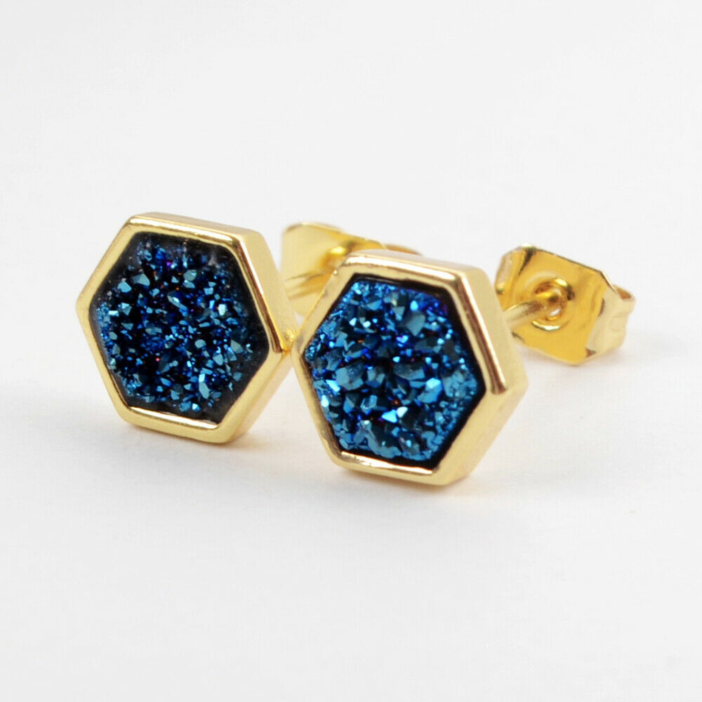 Hexagon Natural Quartz Earrings - 24K Gold Plated