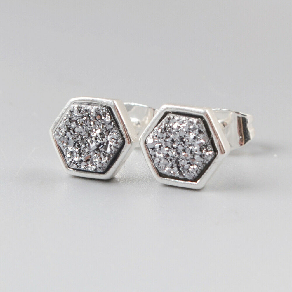 Hexagon Natural Quartz Earrings - Silver Plated