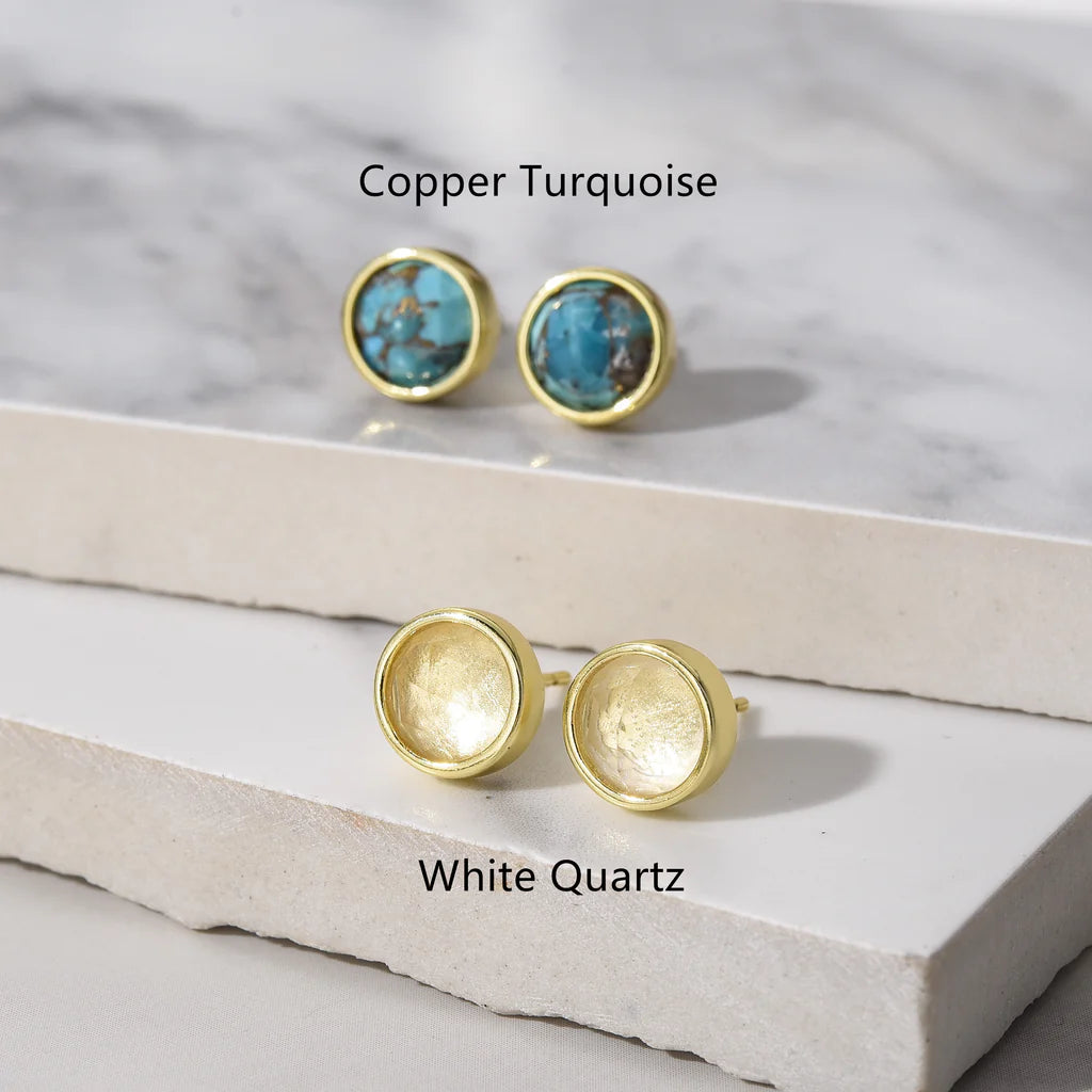 Round Faceted Natural Quartz Earrings - 24K Gold Plated