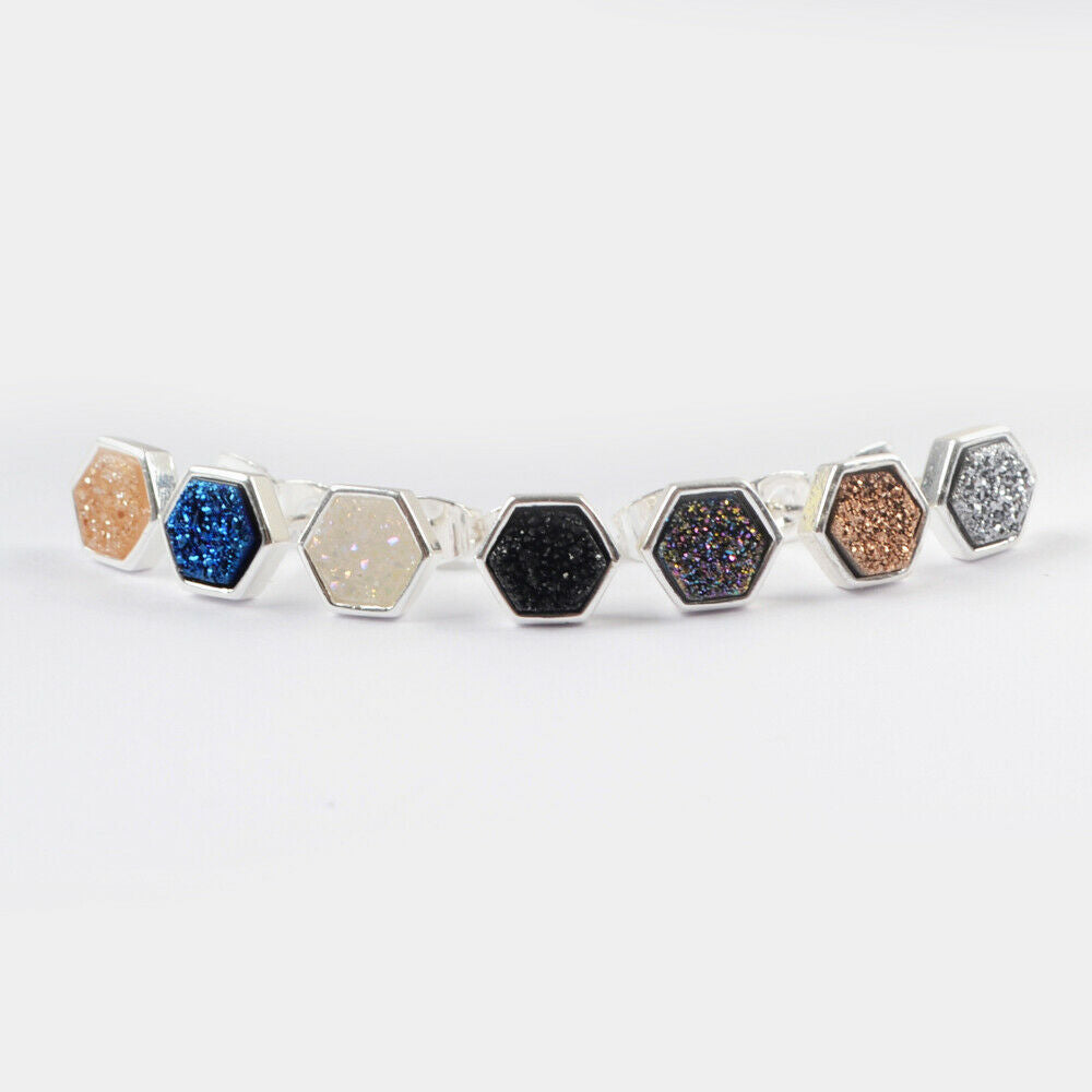 Hexagon Natural Quartz Earrings - Silver Plated