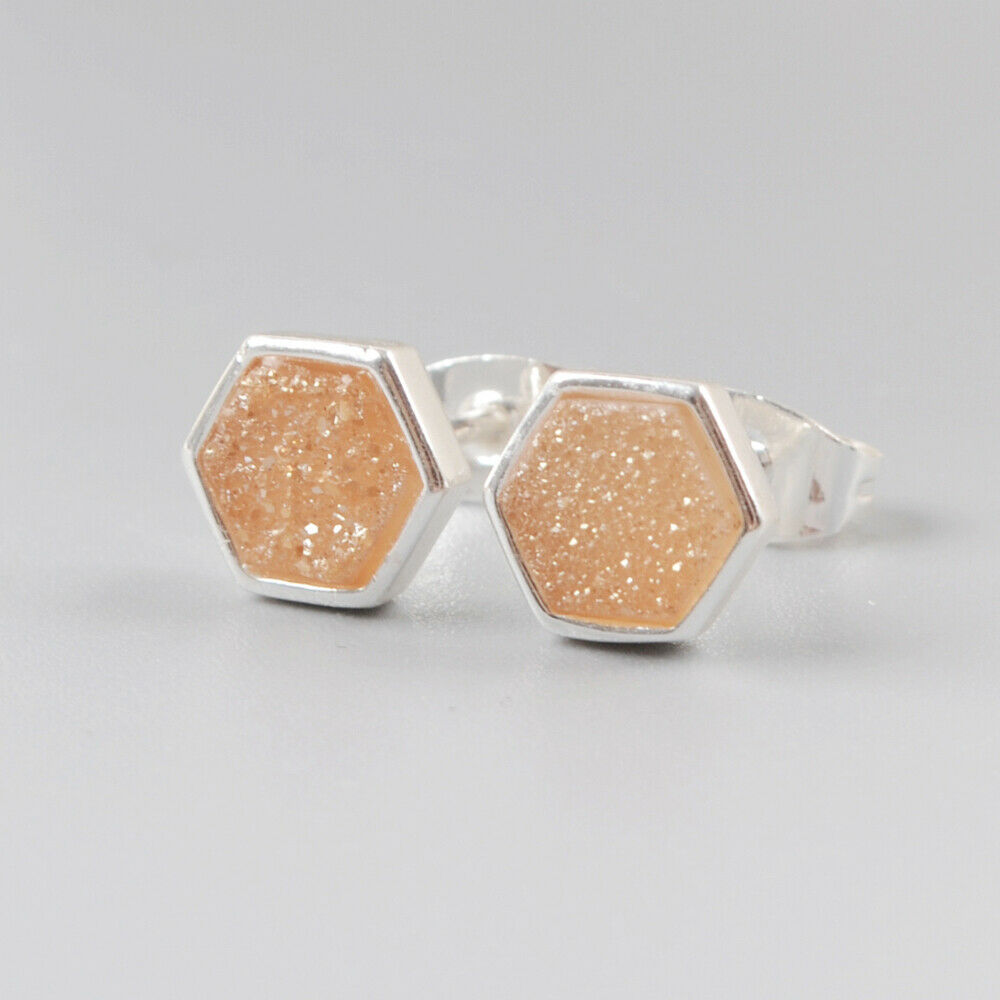 Hexagon Natural Quartz Earrings - Silver Plated