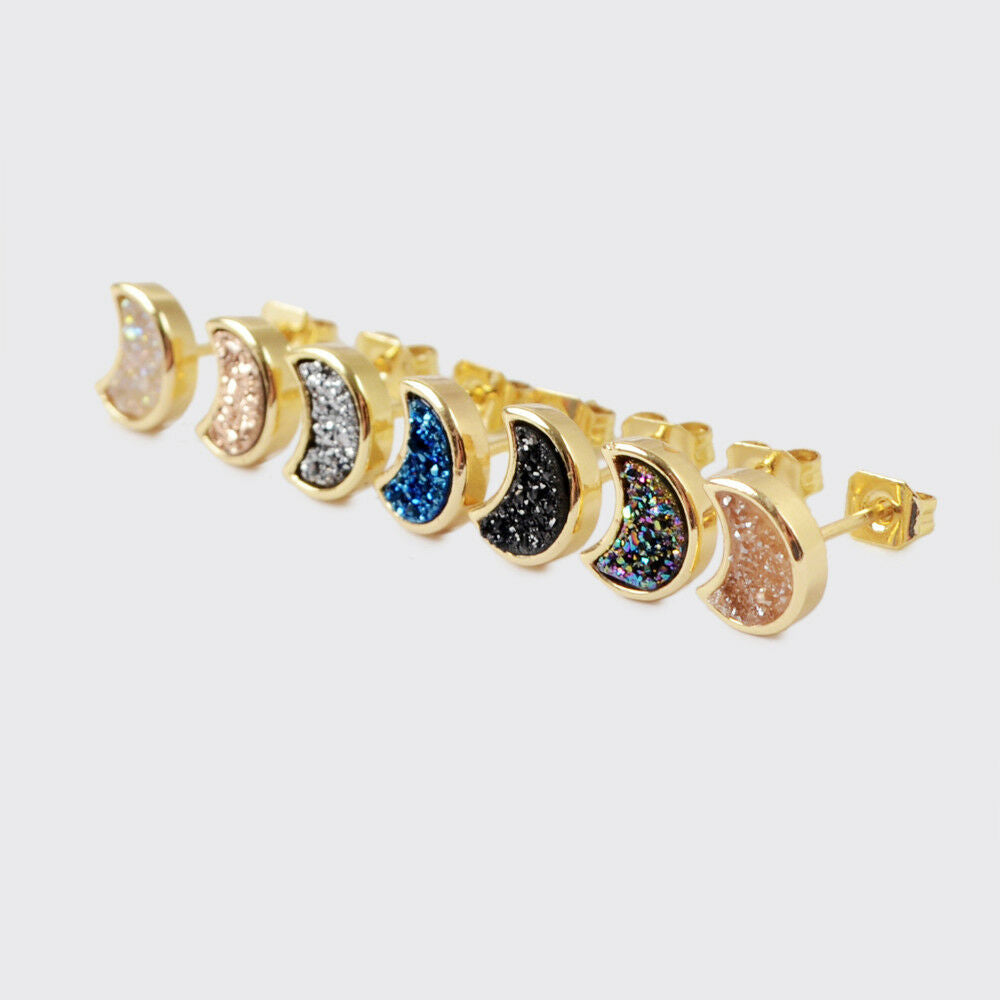Moon Natural Quartz Earrings - 24K Gold Plated