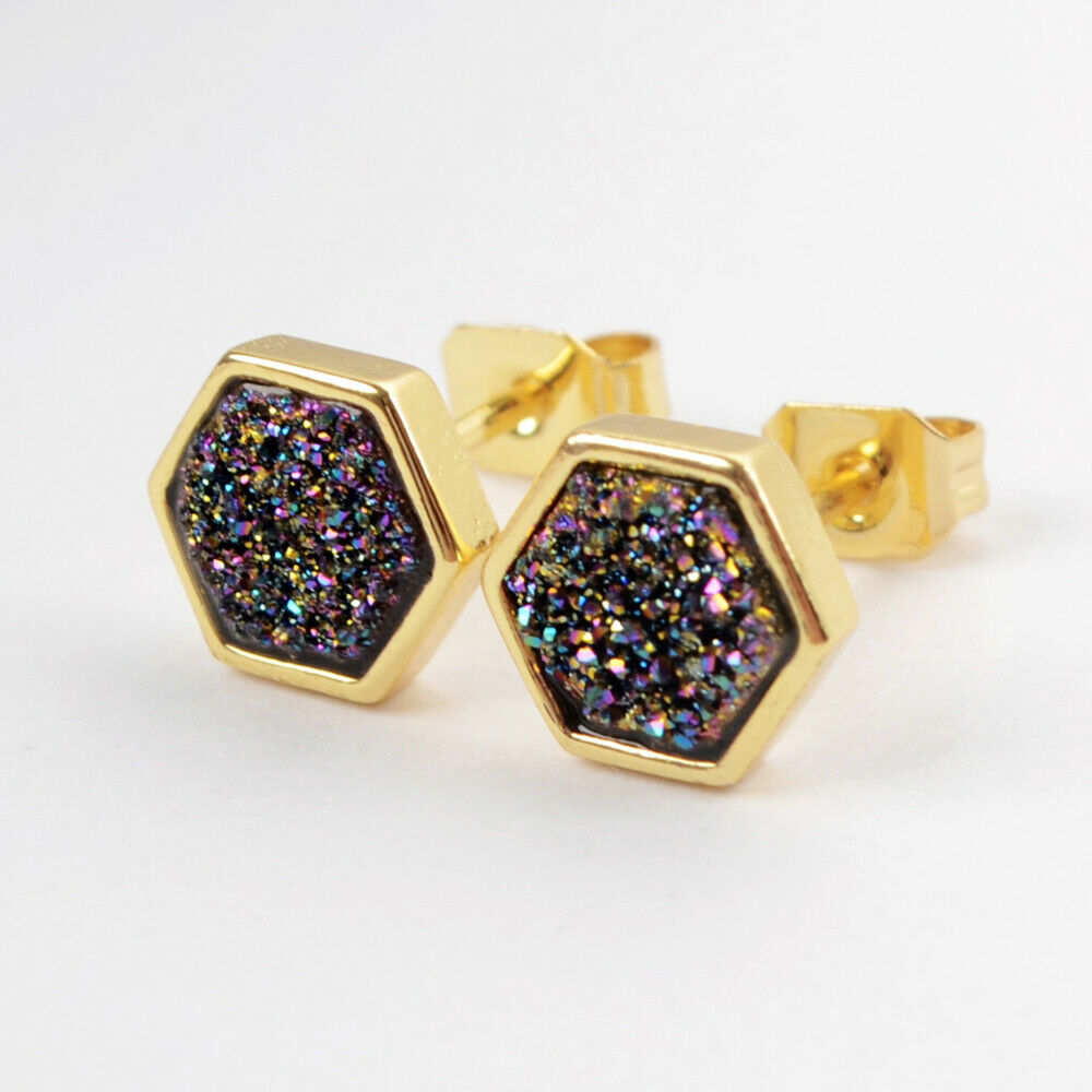Hexagon Natural Quartz Earrings - 24K Gold Plated