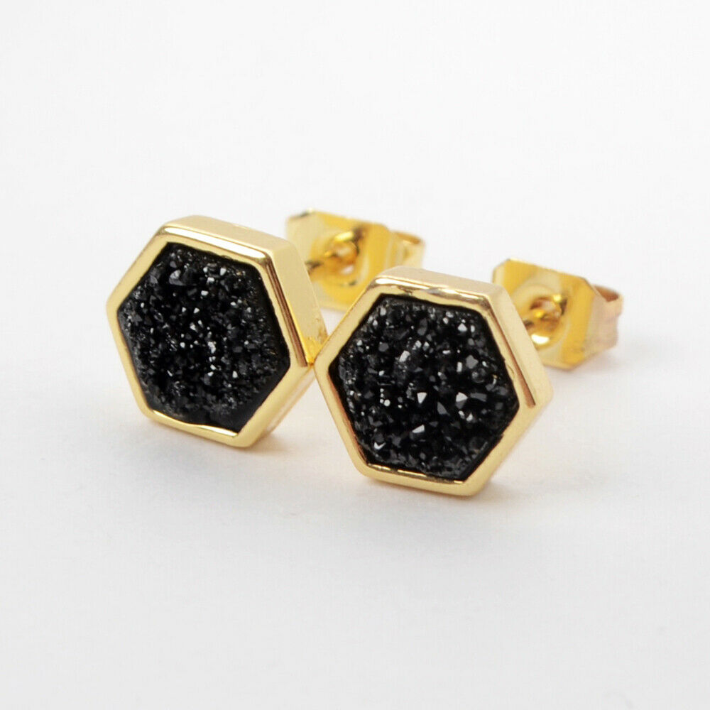 Hexagon Natural Quartz Earrings - 24K Gold Plated