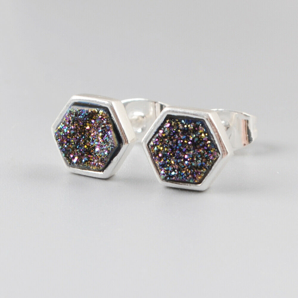 Hexagon Natural Quartz Earrings - Silver Plated