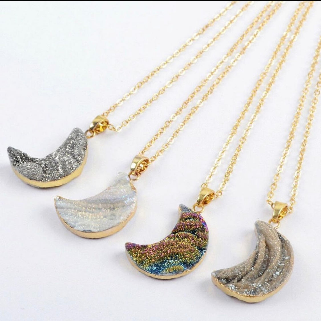 Natural Raw Quartz Moon Necklaces + 24K Gold Plated