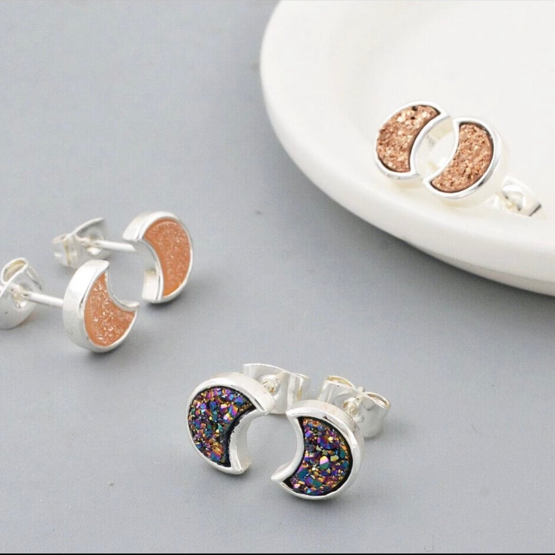 Moon Natural Quartz Earrings - Silver Plated
