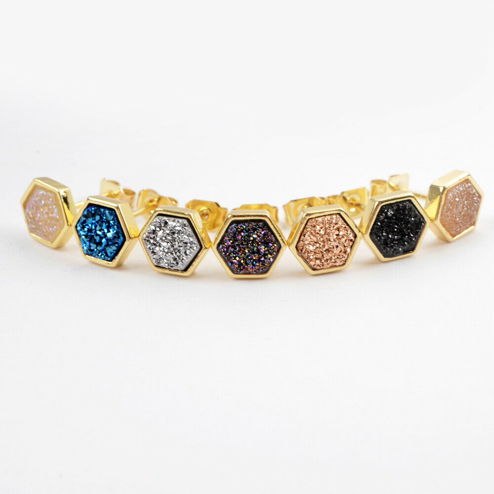 Hexagon Natural Quartz Earrings - 24K Gold Plated