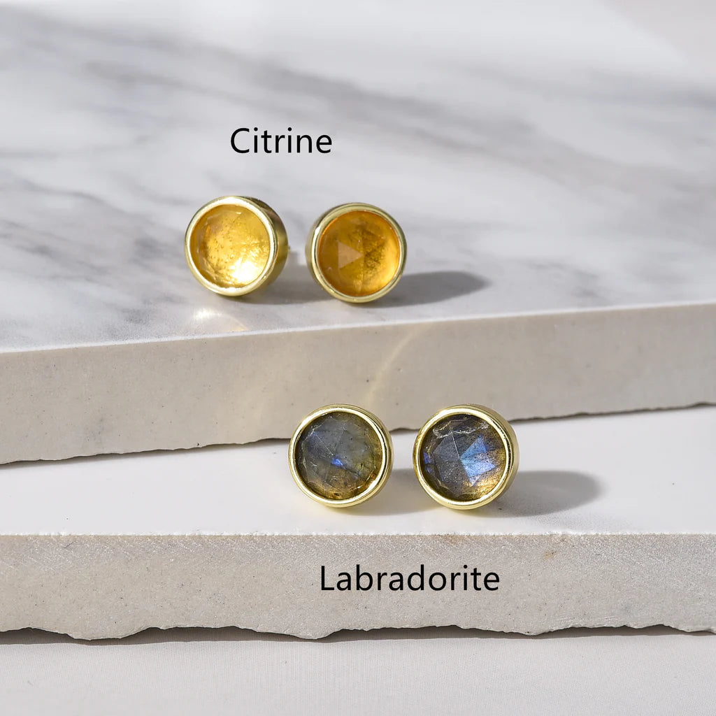 Round Faceted Natural Quartz Earrings - 24K Gold Plated