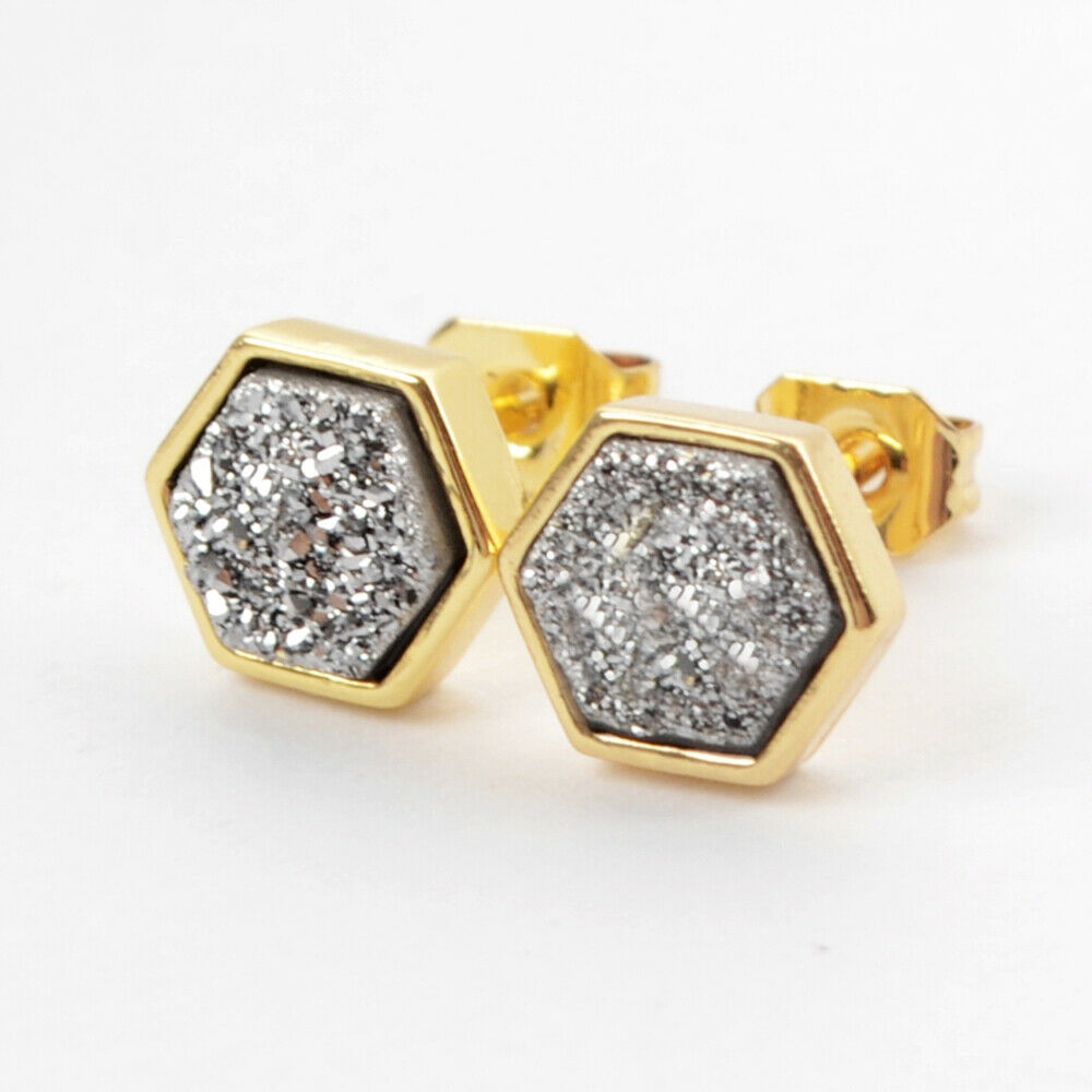 Hexagon Natural Quartz Earrings - 24K Gold Plated