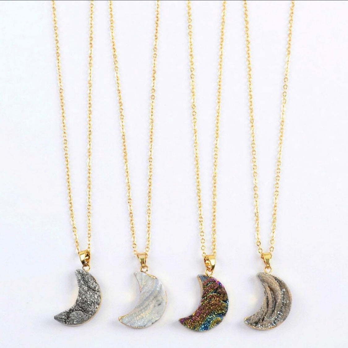 Natural Raw Quartz Moon Necklaces + 24K Gold Plated