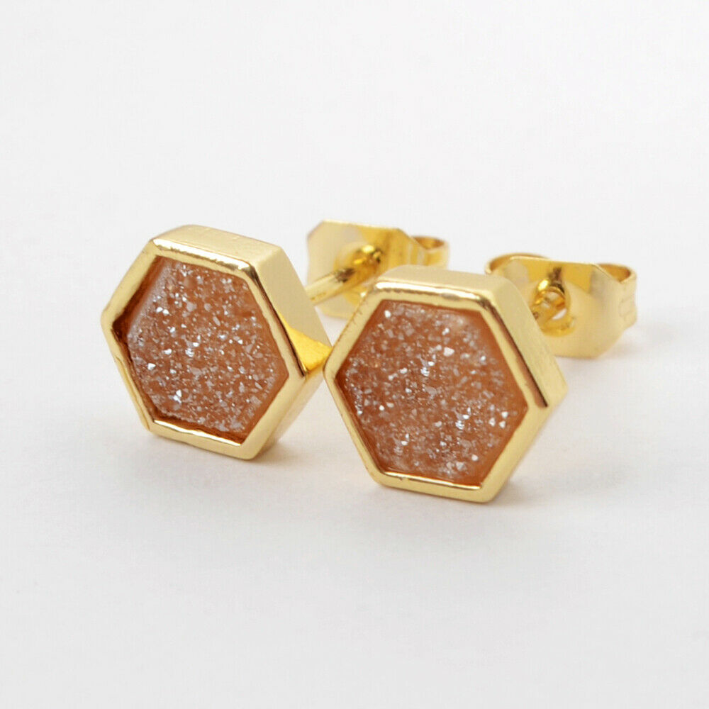Hexagon Natural Quartz Earrings - 24K Gold Plated