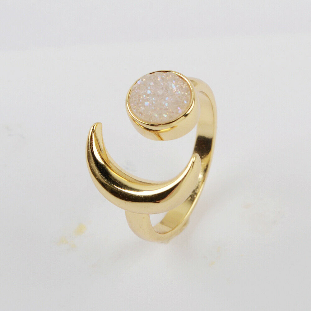 Natural Quartz Moon Ring- 24k Gold Plated