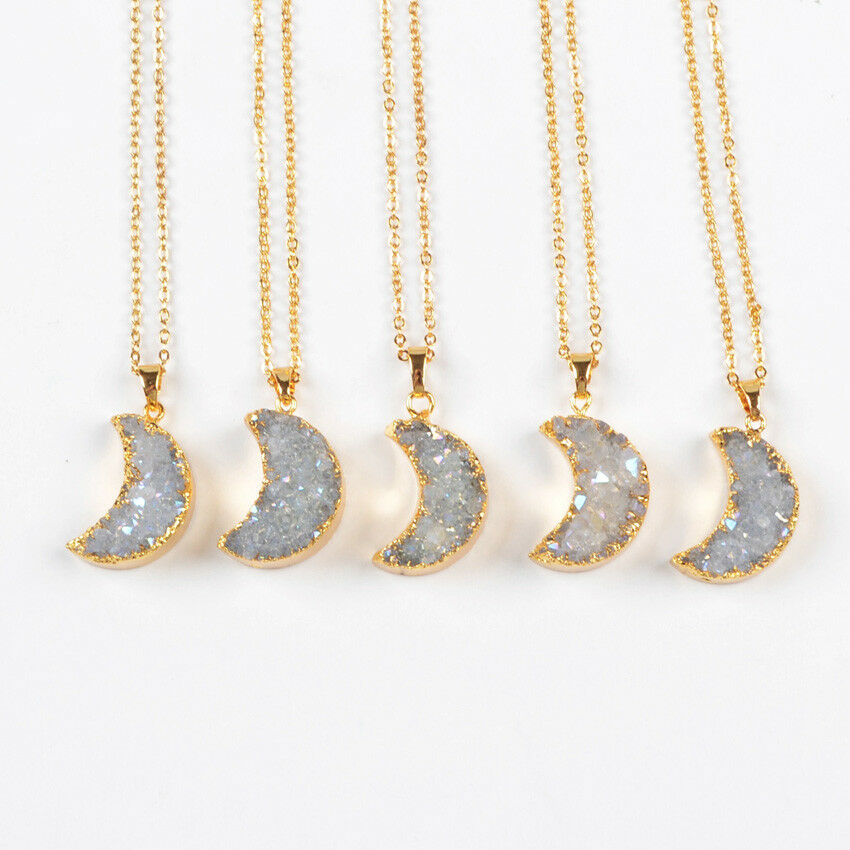 Natural White Quartz Moon Necklace + 24K Gold Plated