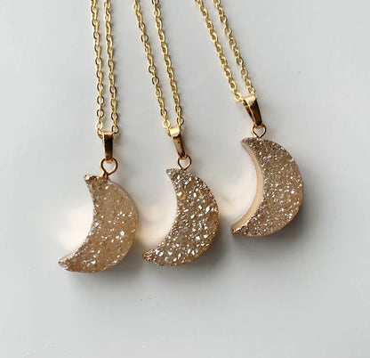 Natural Raw Quartz Moon Necklaces + 24K Gold Plated