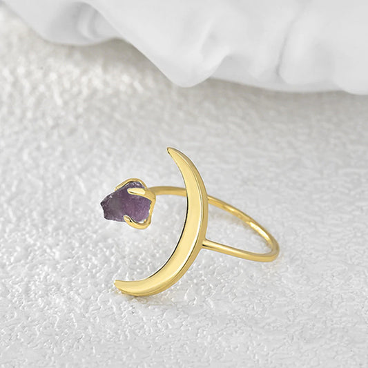 Moon Natural Raw Amethyst Ring -  24k Gold Plated