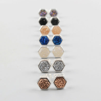 Hexagon Natural Quartz Earrings - Silver Plated