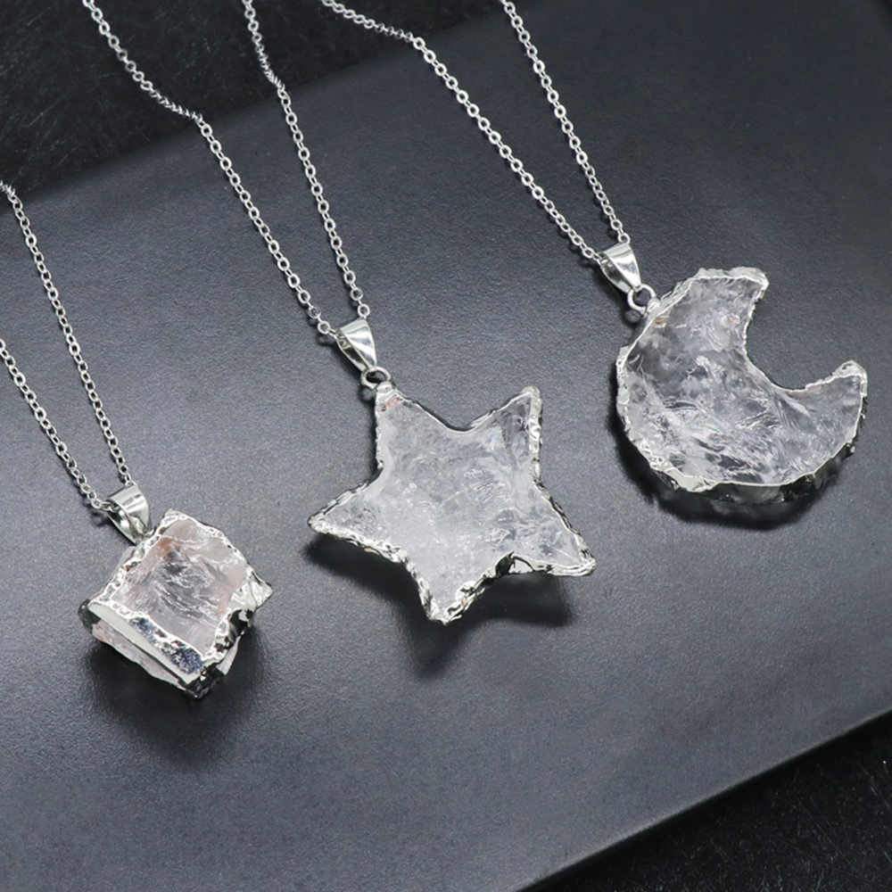 Natural White Crystal Crescent Moon Necklace + 24K Gold Plated/ Silver Plated