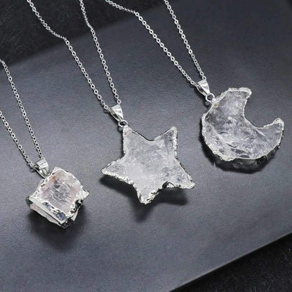 Natural White Crystal Crescent Moon Necklace + 24K Gold Plated/ Silver Plated