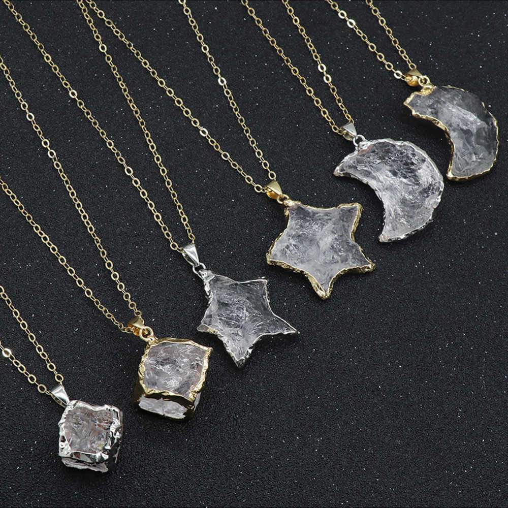 Natural White Crystal Crescent Moon Necklace + 24K Gold Plated/ Silver Plated