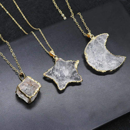 Natural White Crystal Crescent Moon Necklace + 24K Gold Plated/ Silver Plated