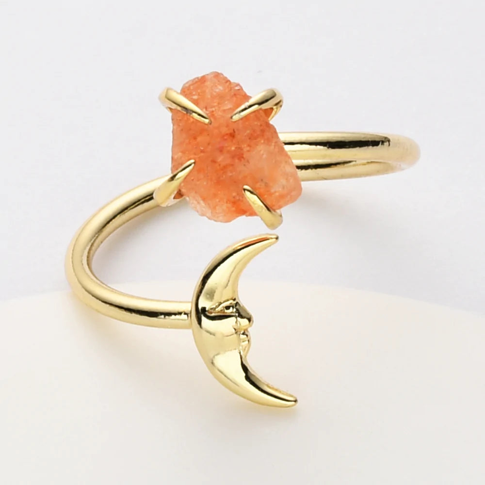 Natural Raw Crystals Small Moon Ring - 24K Gold Plated