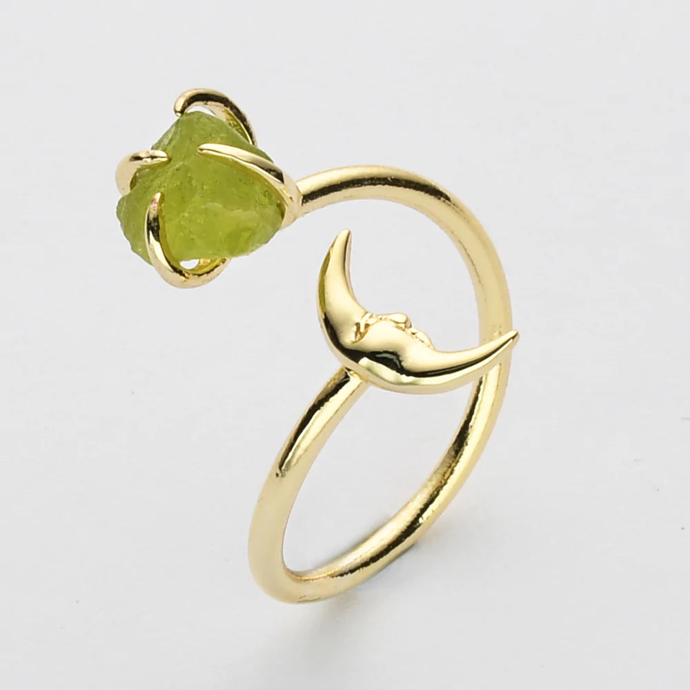 Natural Raw Crystals Small Moon Ring - 24K Gold Plated