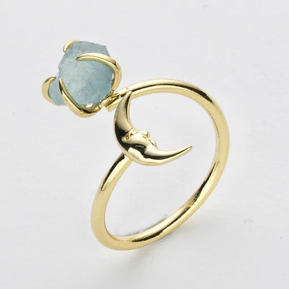 Natural Raw Crystals Small Moon Ring - 24K Gold Plated