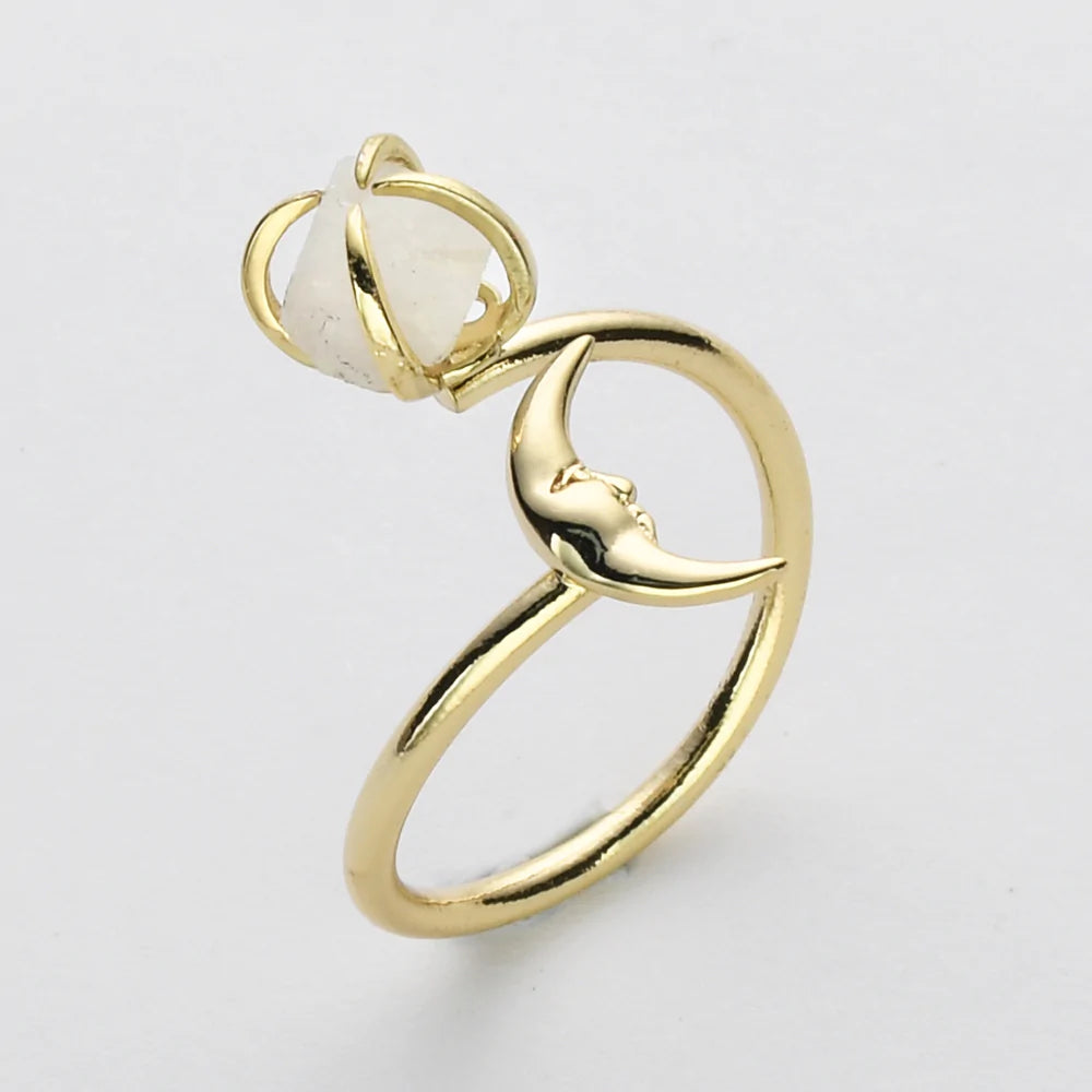 Natural Raw Crystals Small Moon Ring - 24K Gold Plated