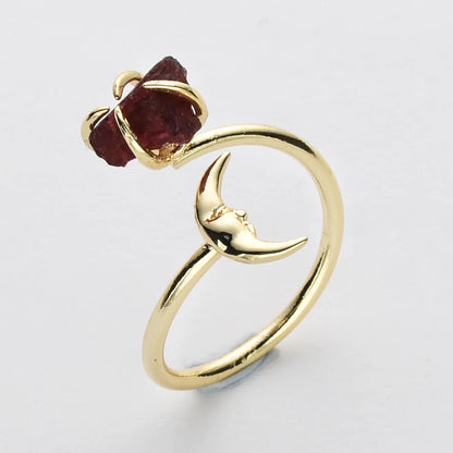 Natural Raw Crystals Small Moon Ring - 24K Gold Plated