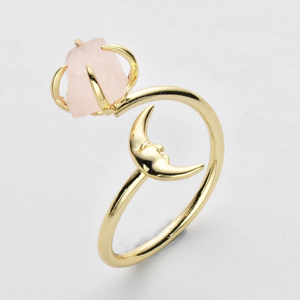 Natural Raw Crystals Small Moon Ring - 24K Gold Plated