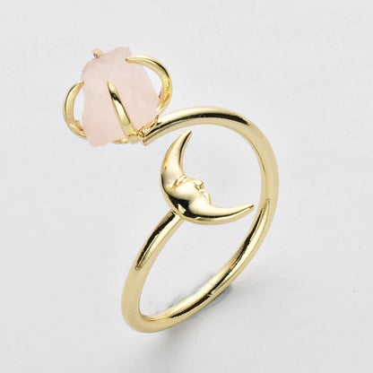 Natural Raw Crystals Small Moon Ring - 24K Gold Plated