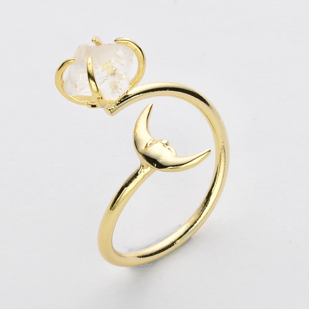 Natural Raw Crystals Small Moon Ring - 24K Gold Plated