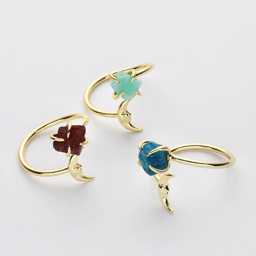 Natural Raw Crystals Small Moon Ring - 24K Gold Plated