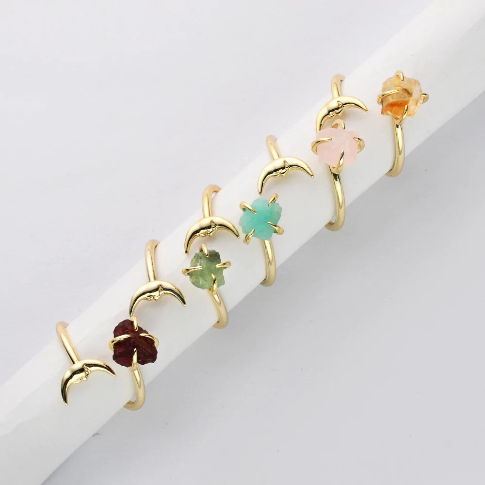 Natural Raw Crystals Small Moon Ring - 24K Gold Plated