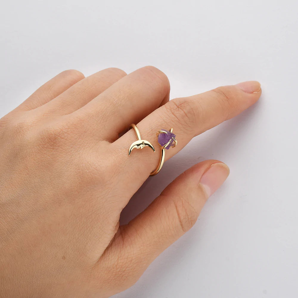 Natural Raw Crystals Small Moon Ring - 24K Gold Plated