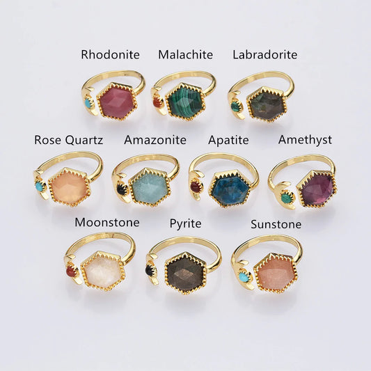 Hexagon Natural Quartz Crystals Ring -  24k Gold Plated