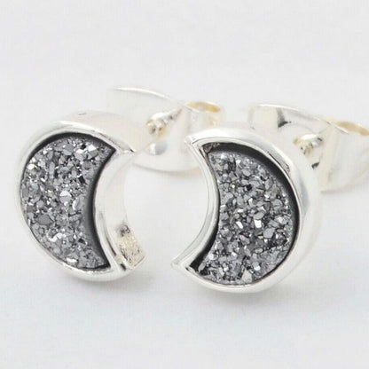 Moon Natural Quartz Earrings - Silver Plated