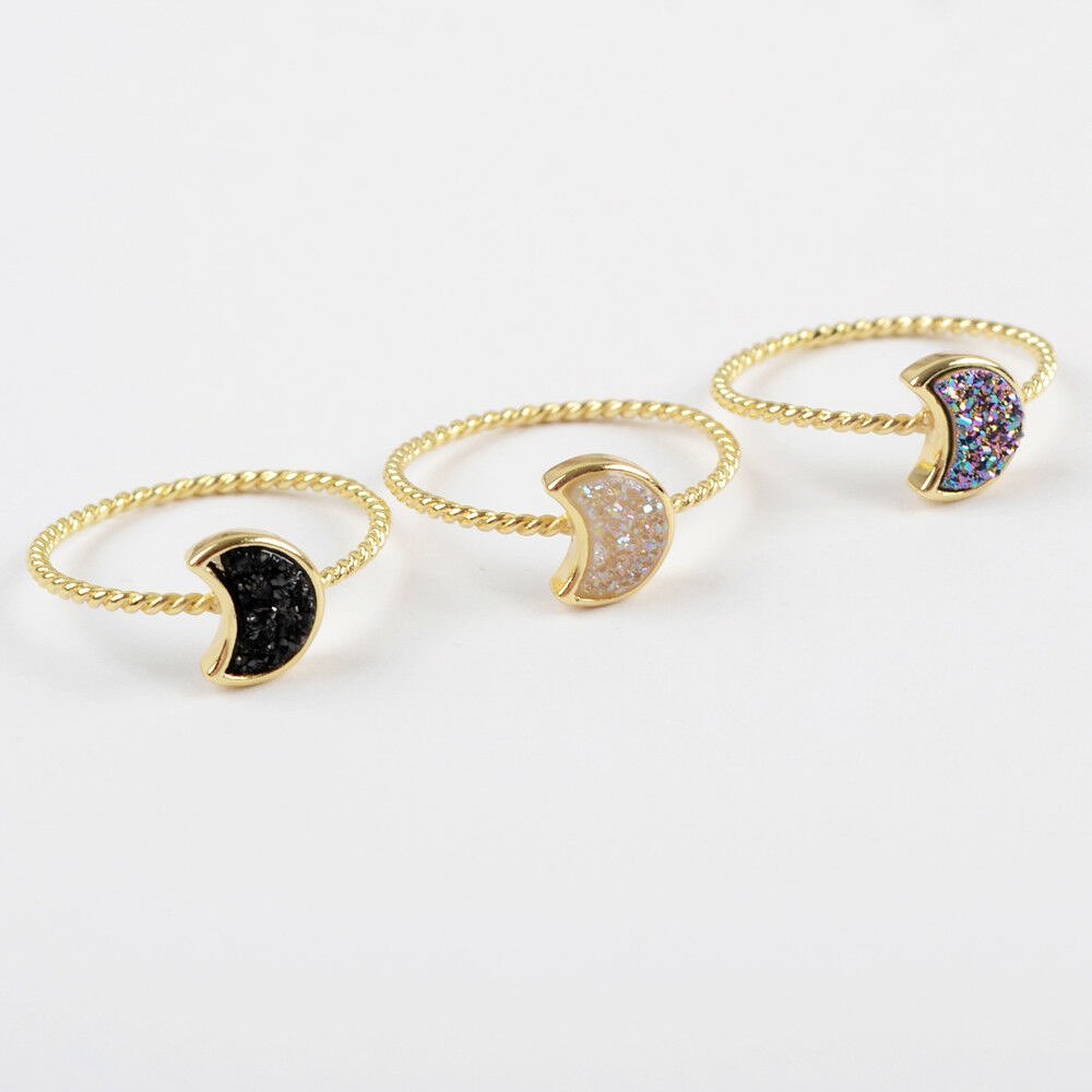 Natural Quartz Moon Bezel Ring- 24K Gold Plated