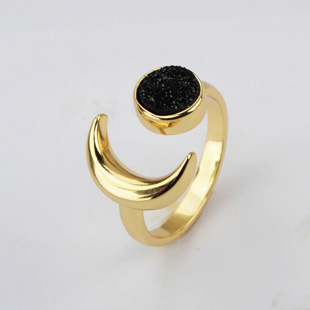 Natural Quartz Moon Ring-  24k Gold Plated