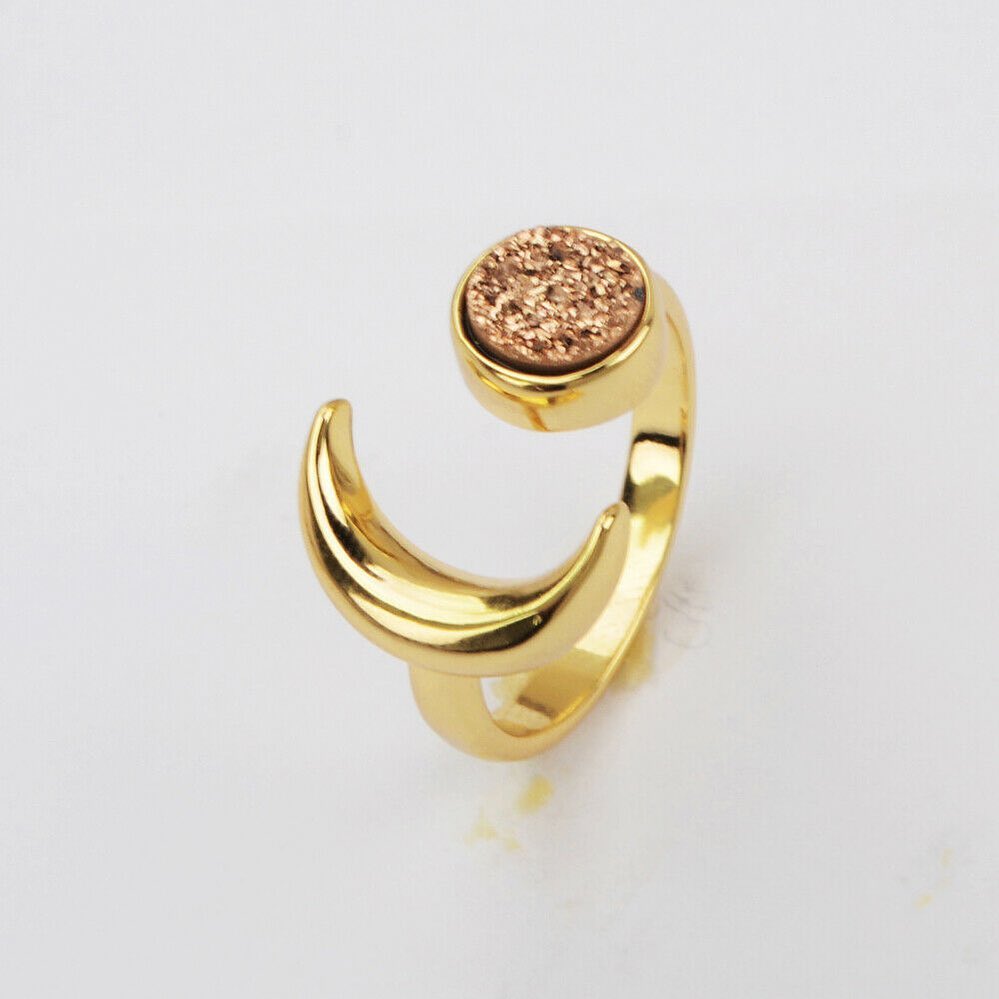 Natural Quartz Moon Ring-  24k Gold Plated