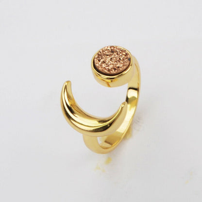 Natural Quartz Moon Ring-  24k Gold Plated