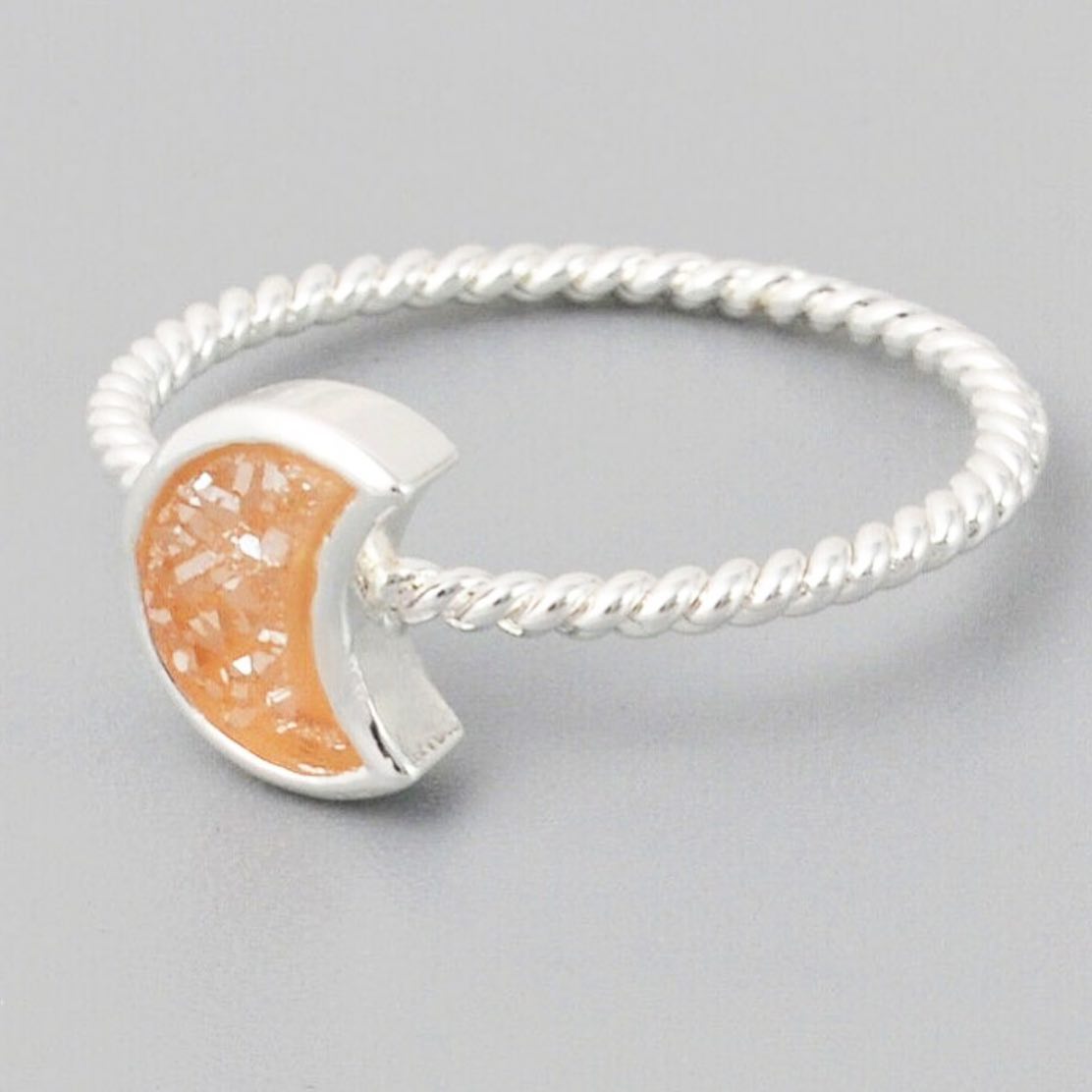 Natural Quartz Moon Bezel Ring- Silver Plated