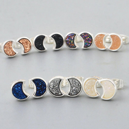 Moon Natural Quartz Earrings - Silver Plated